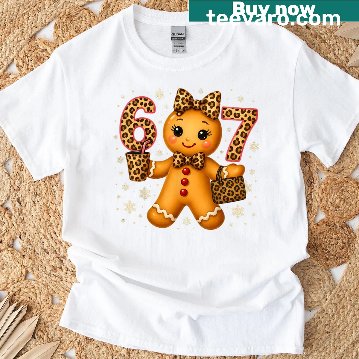 Funny Christmas T-shirt with leopard print bow and gingerbread design — on a men's t-shirt