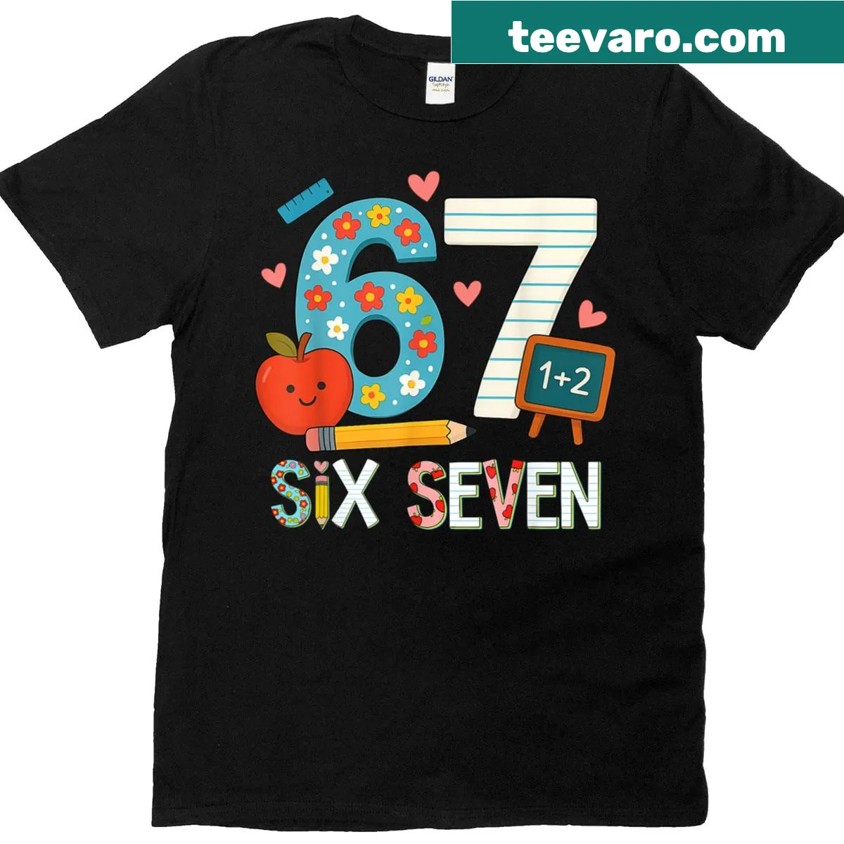 Funny 6 7 meme teacher t-shirt for classroom humor — on a men's t-shirt