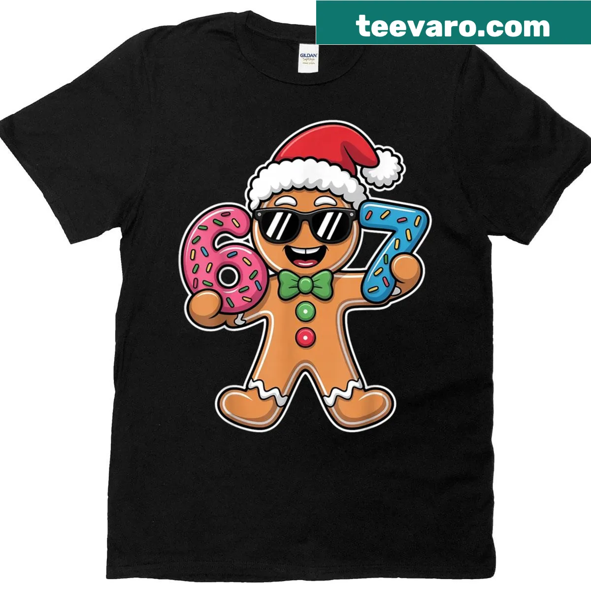 Gingerbread graphic with Six Seven meme on Christmas T-shirt — on a men's t-shirt