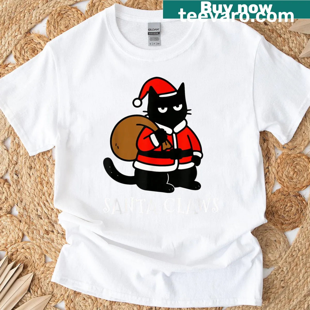 Humorous Christmas T-shirt with a black cat dressed as Santa Claws — on a men's t-shirt