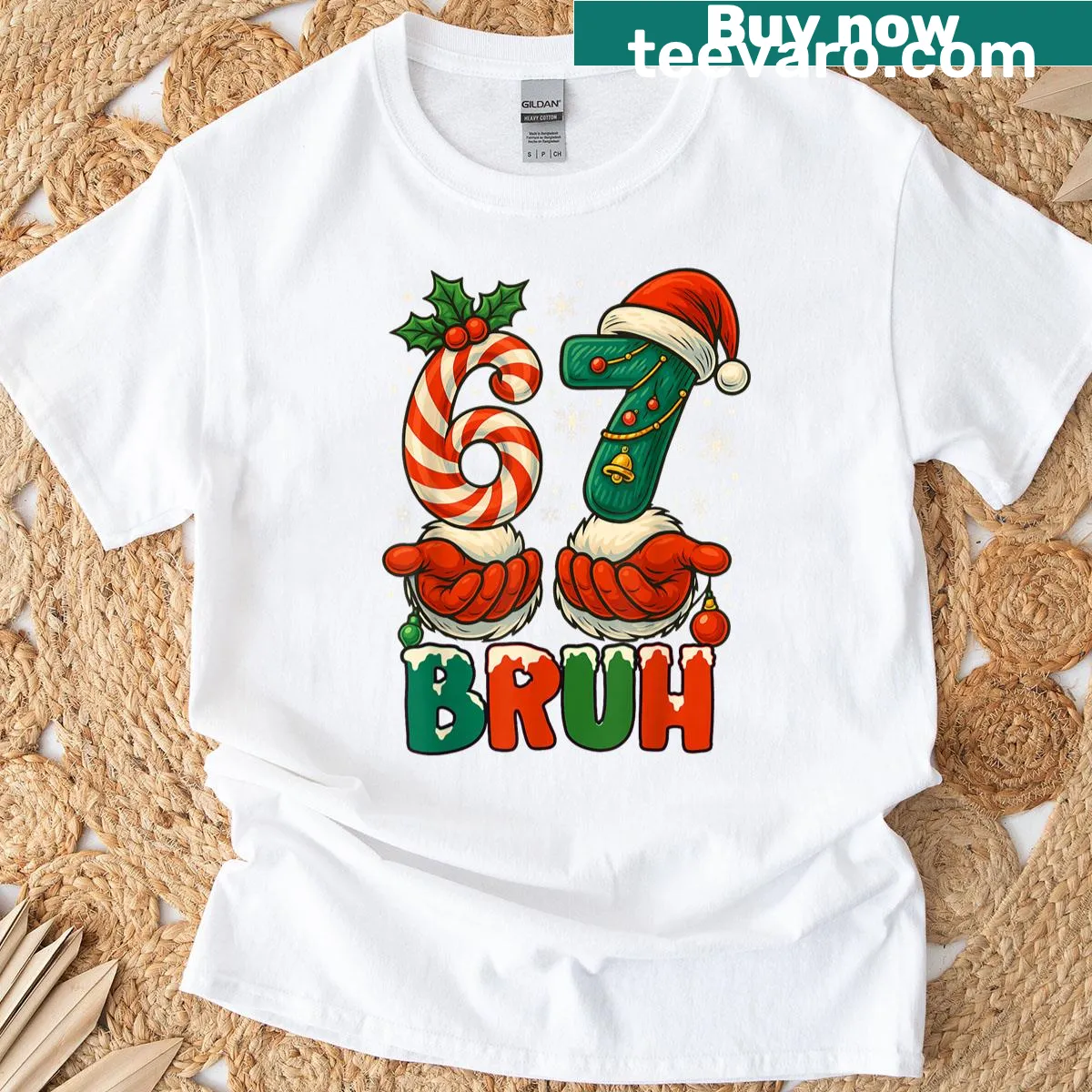Funny Bruh 67 Meme with Santa and Elf on t-shirt — on a men's t-shirt