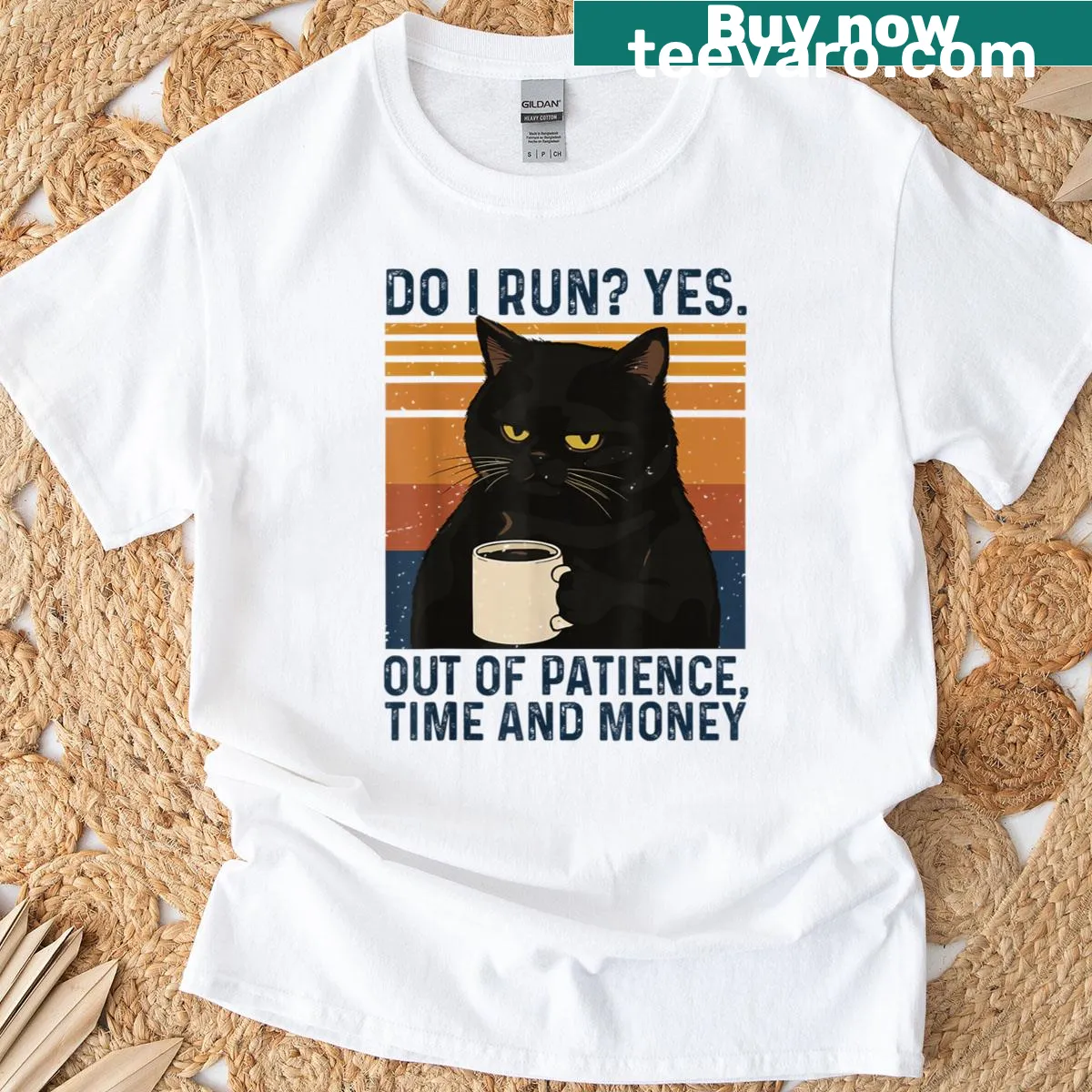 Sarcastic T-shirt meant for cat lovers featuring a funny black cat meme — on a men's t-shirt
