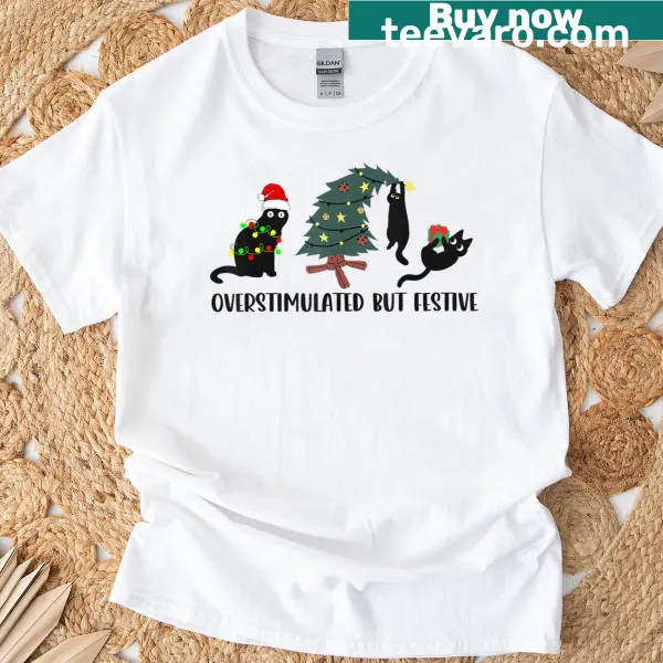 Playful Christmas black cat graphic on a T-shirt