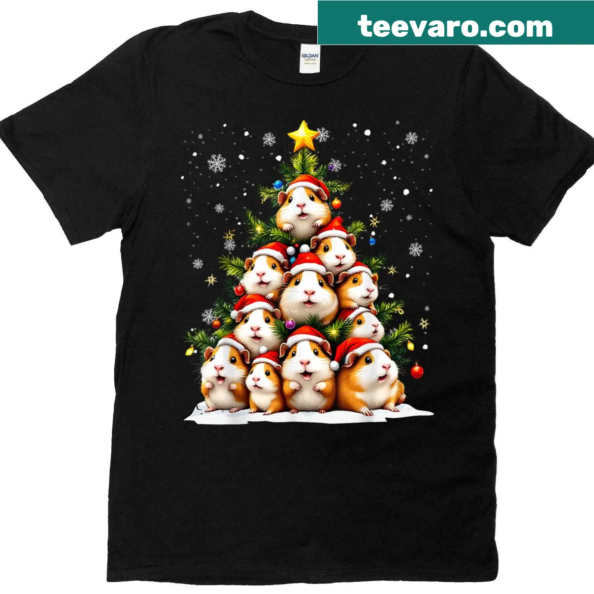 Christmas t-shirt featuring guinea pig family and tree — on a men's t-shirt