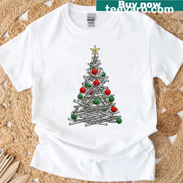 Humorous T-shirt with a flute and Christmas tree lights graphic
