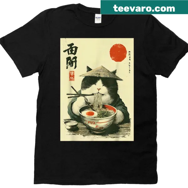 Kawaii ramen cat illustration t-shirt for noodle lovers