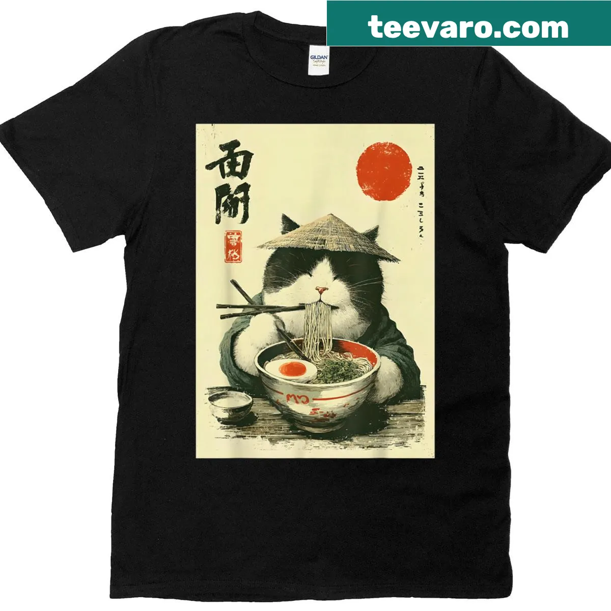 Kawaii ramen cat illustration t-shirt for noodle lovers — on a men's t-shirt