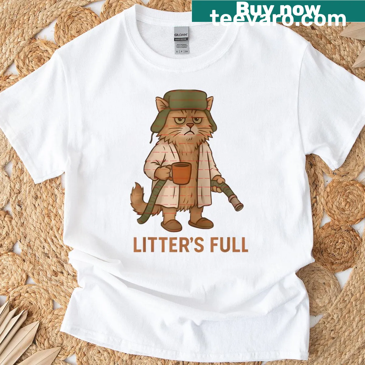 Funny T-shirt with 'Litters Full Cat Coffee' text for cat lovers — on a men's t-shirt