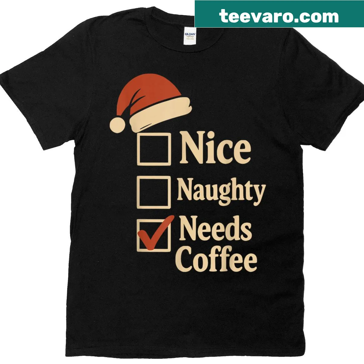 Christmas checklist t-shirt for moms with Naughty, Nice, and Coffee text — on a men's t-shirt