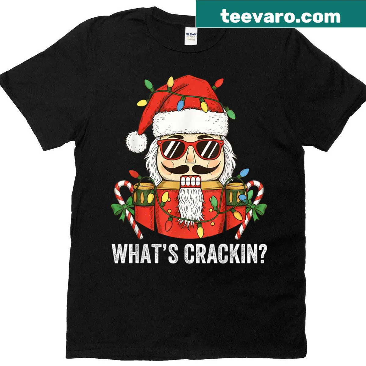 T-shirt featuring a nutcracker with a Santa hat and candy cane for Christmas — on a men's t-shirt