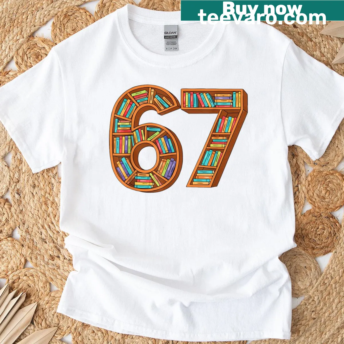 Humorous book lover teacher t-shirt referencing the '67' meme — on a men's t-shirt