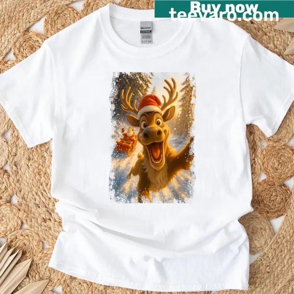 Reindeer selfie with Santa graphic on a Christmas t-shirt