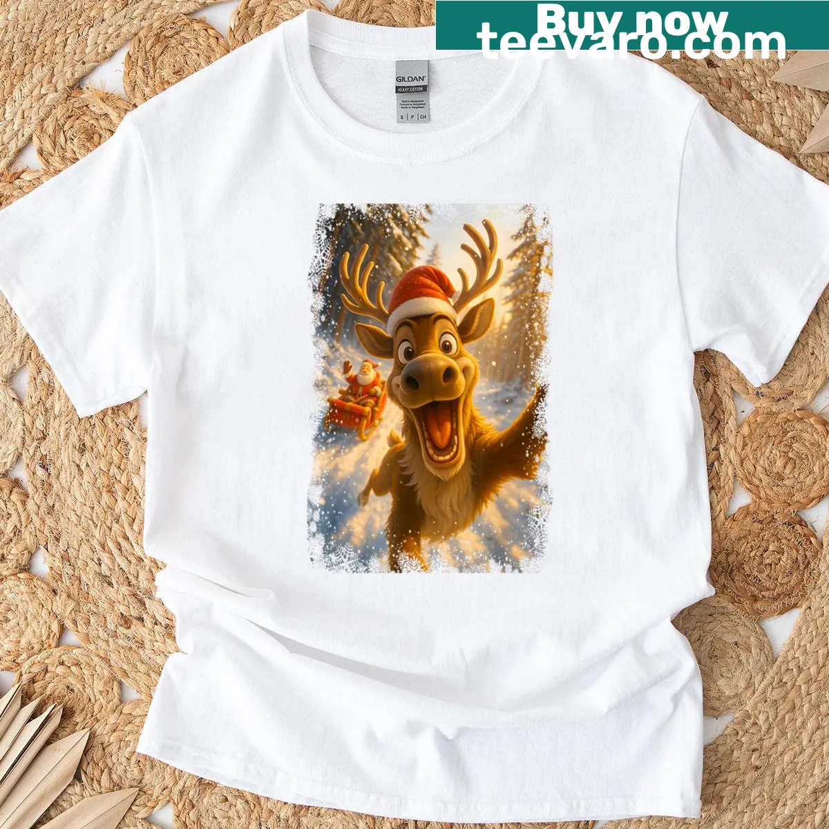 Reindeer selfie with Santa graphic on a Christmas t-shirt — on a men's t-shirt