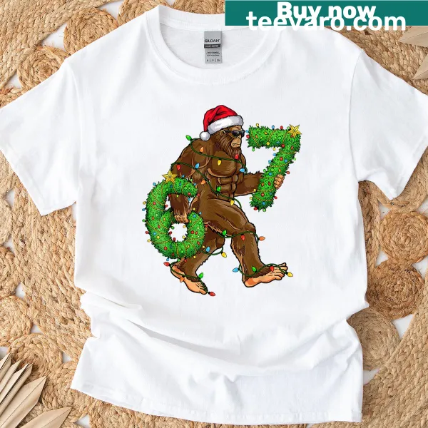 Funny Christmas T-shirt featuring a Bigfoot meme with numbers six and seven
