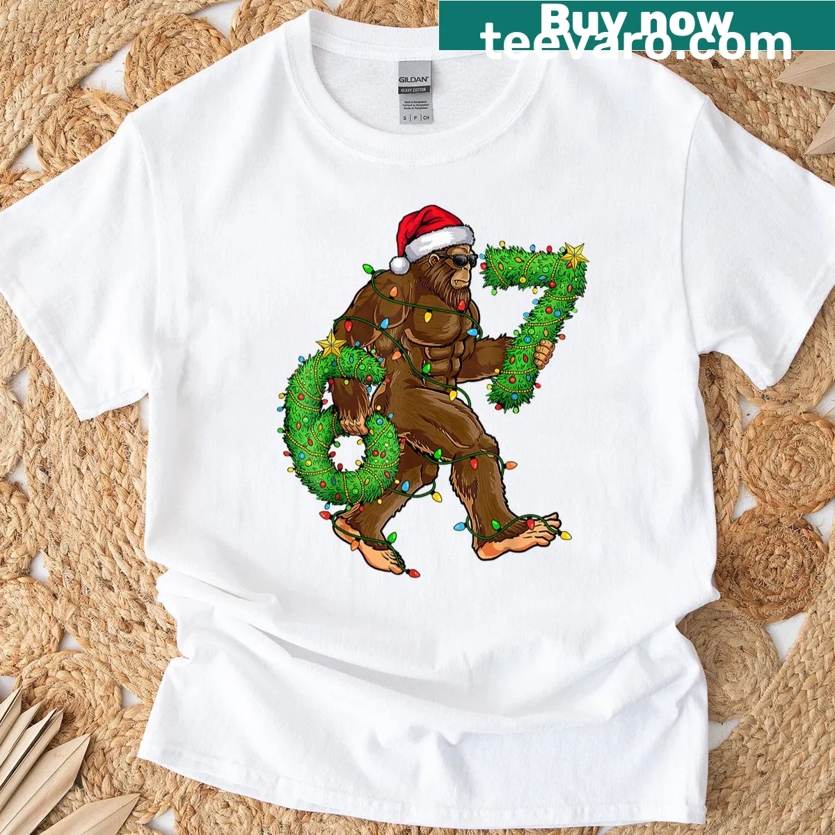 Funny Christmas T-shirt featuring a Bigfoot meme with numbers six and seven — on a men's t-shirt