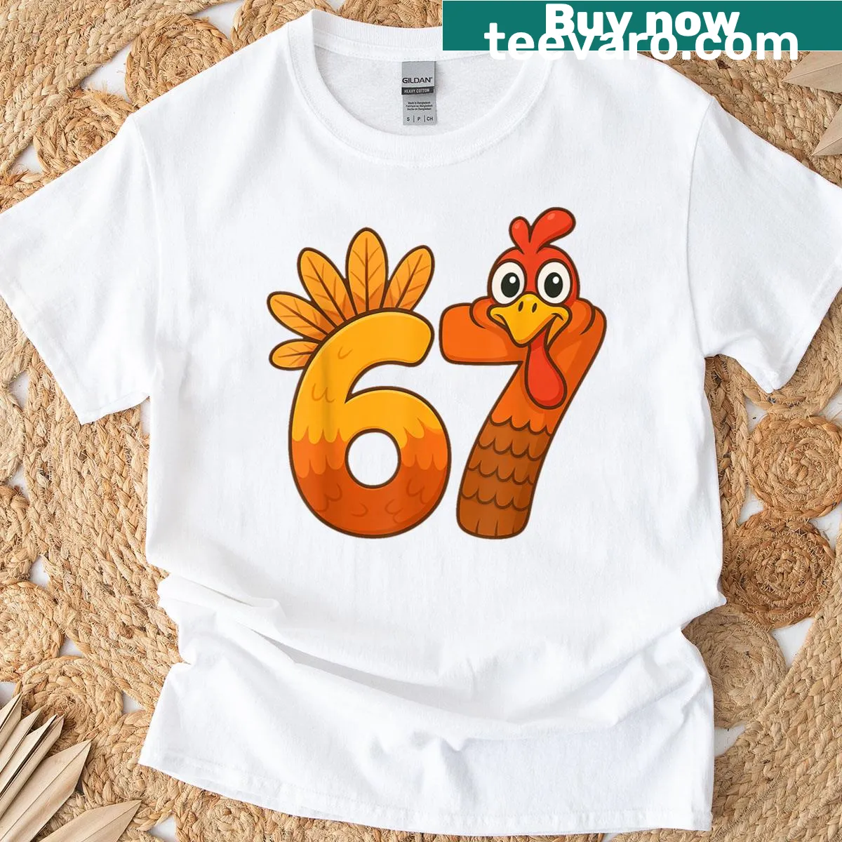 Thanksgiving T-shirt featuring a humorous six and seven meme design for kids — on a men's t-shirt