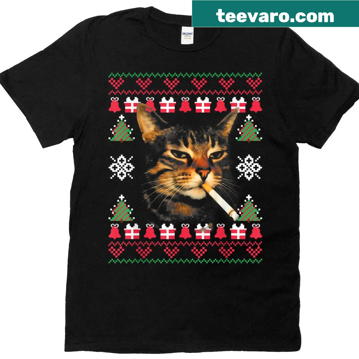 Cartoon design of a smoking cat for a funny Christmas shirt — on a men's t-shirt