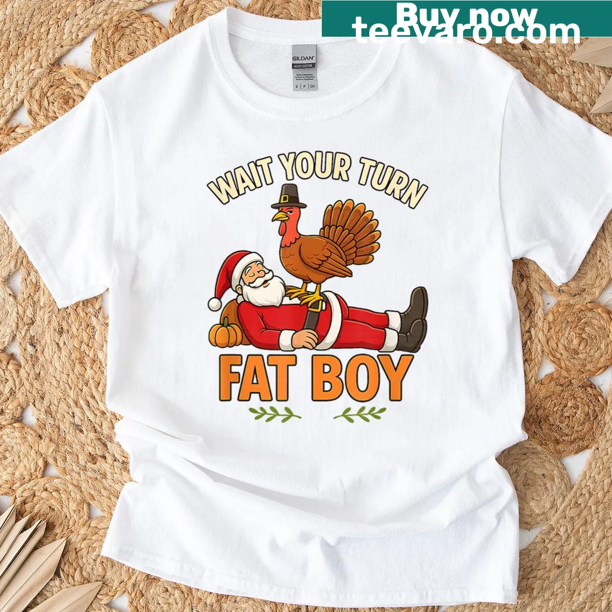 Turkey vs Santa humorous graphic T-shirt — on a men's t-shirt