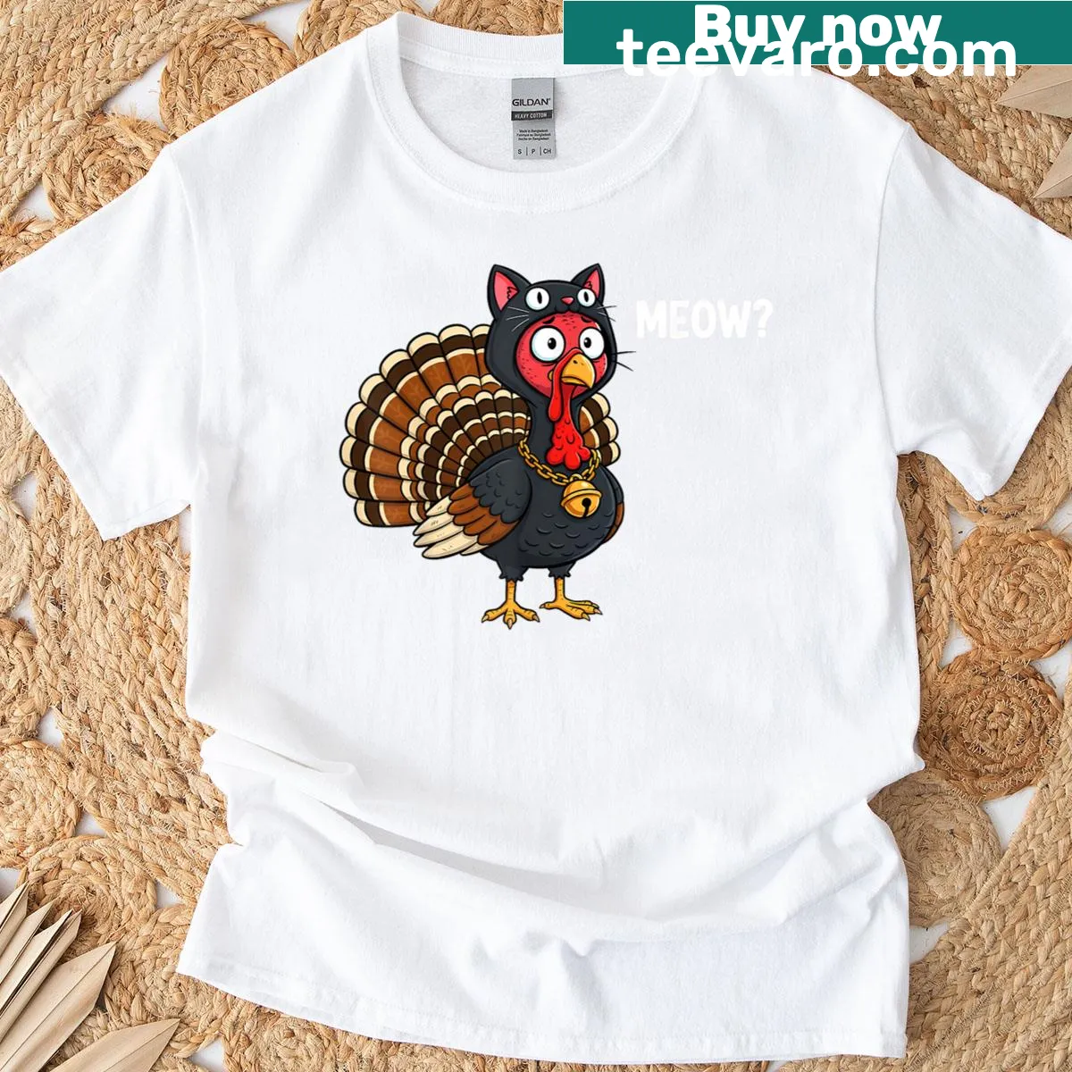 Funny Thanksgiving T-shirt with a turkey disguised as a cat — on a men's t-shirt