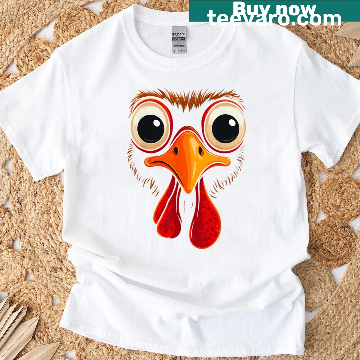 Cute turkey face design with giant eyes for Thanksgiving — on a men's t-shirt