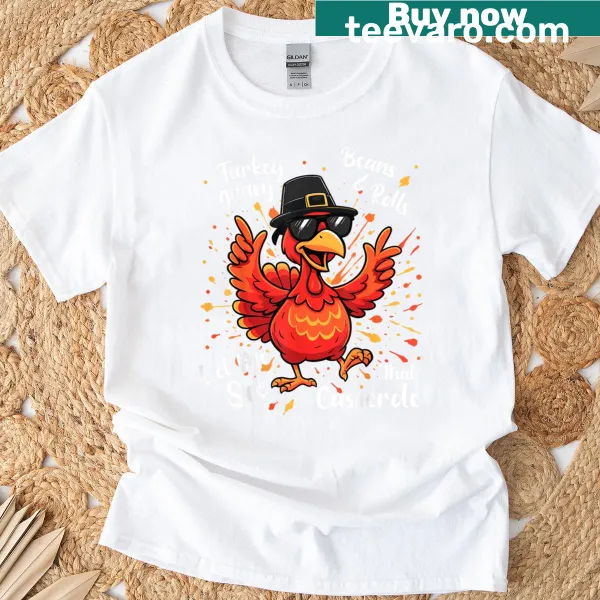 Funny Thanksgiving T-shirt with cartoon turkey, gravy, and food illustrations