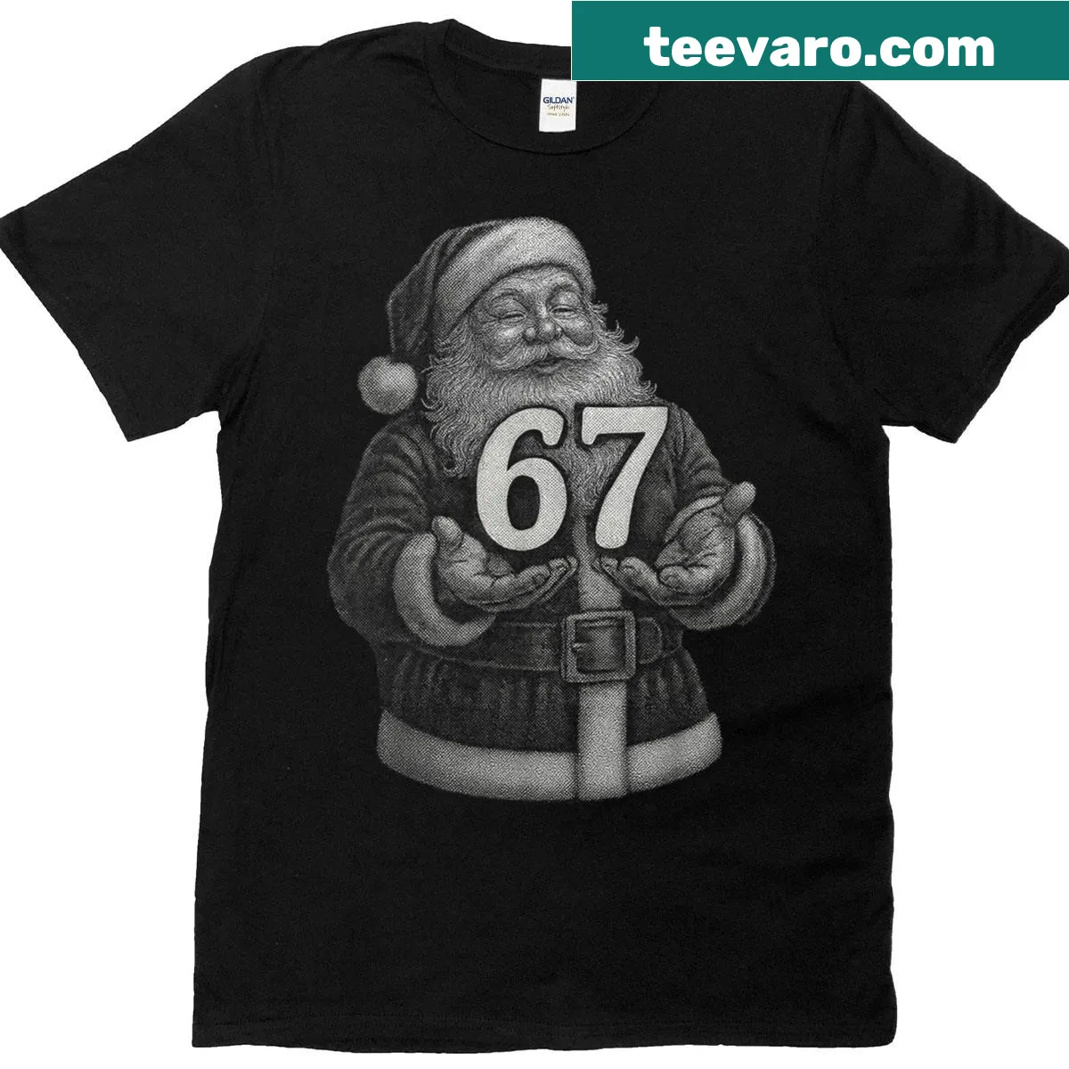 Funny Christmas T-shirt featuring a cartoon Santa and '6 7' meme. — on a men's t-shirt