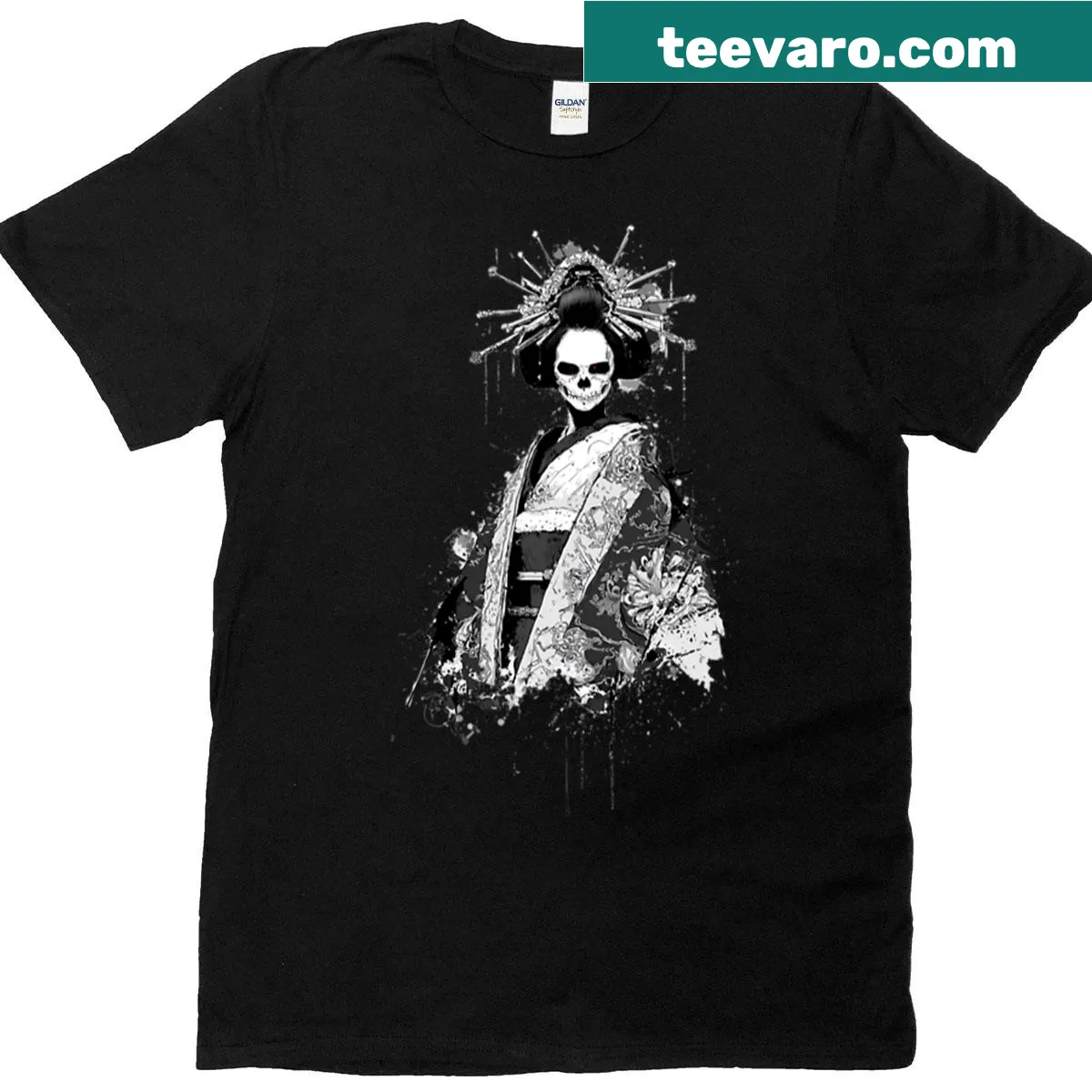 Geisha skeleton illustration adorned with flowers on a T-shirt. — on a men's t-shirt