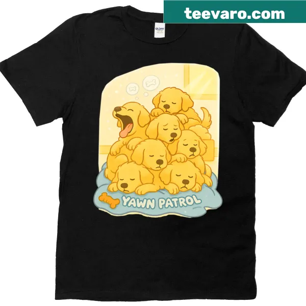 T-shirt with sleeping golden retriever puppies graphic