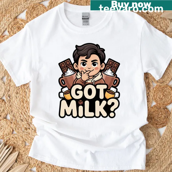 Playful cartoon character enjoying hot chocolate on a t-shirt