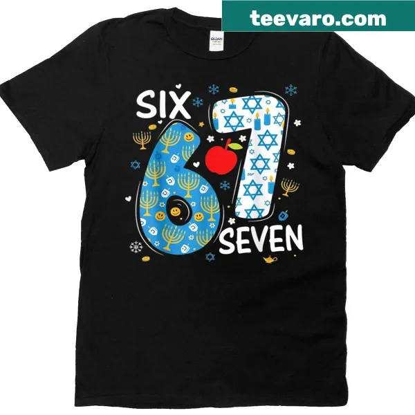 Festive T-shirt featuring a menorah and dreidel design for Hanukkah.