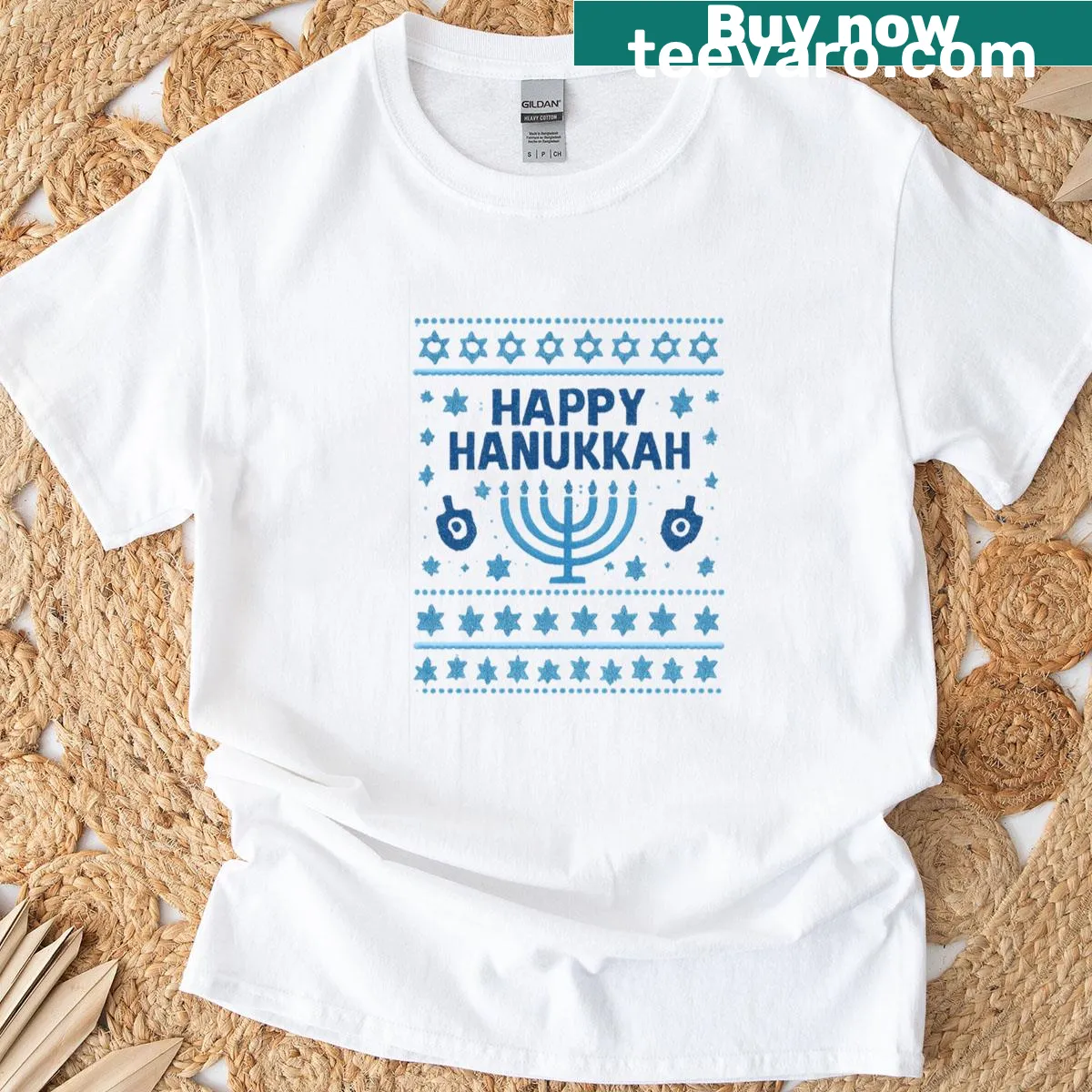 Cartoon menorah graphic on a Funny Hanukkah T-shirt — on a men's t-shirt
