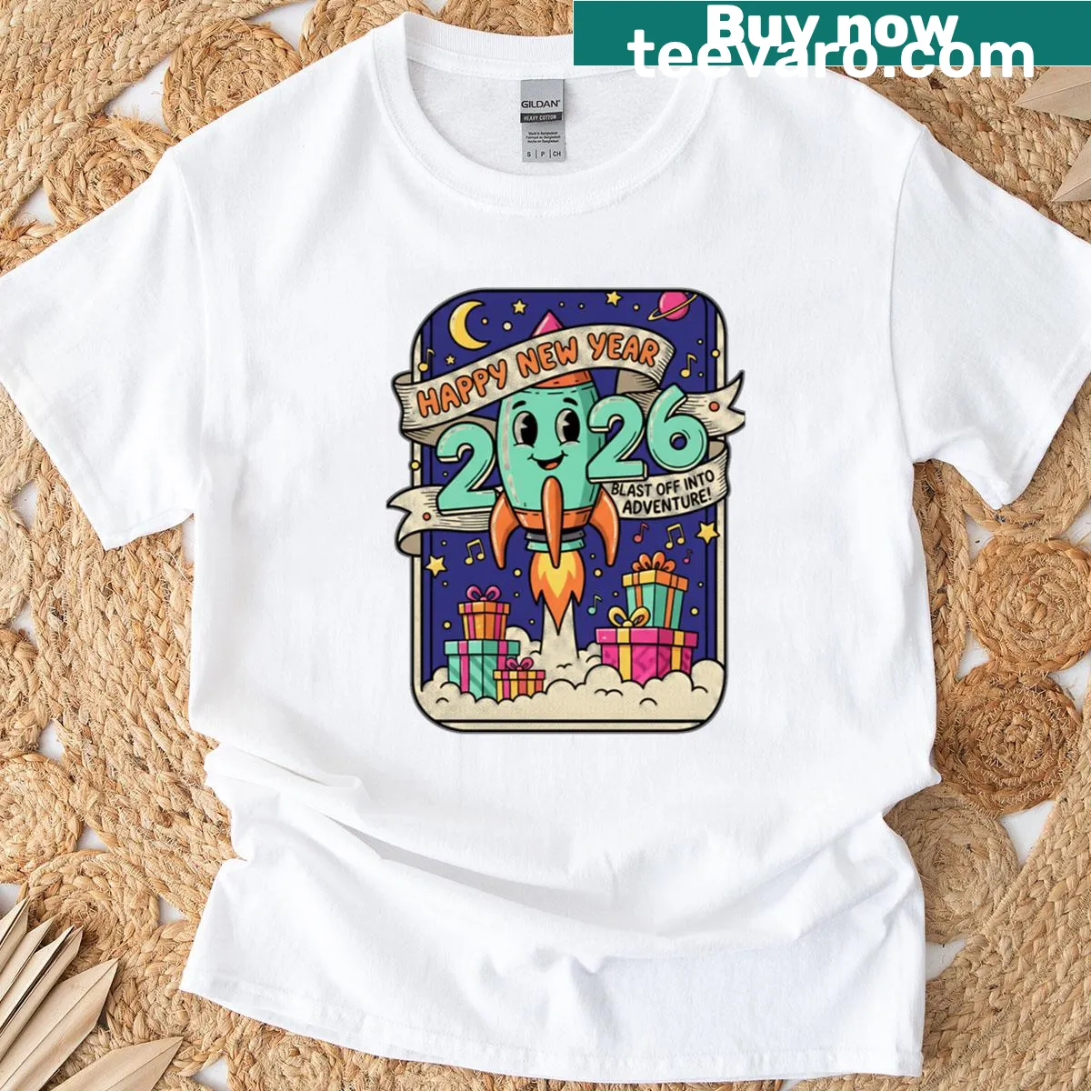 Kawaii-style Happy New Year 2026 T-shirt with playful characters — on a men's t-shirt