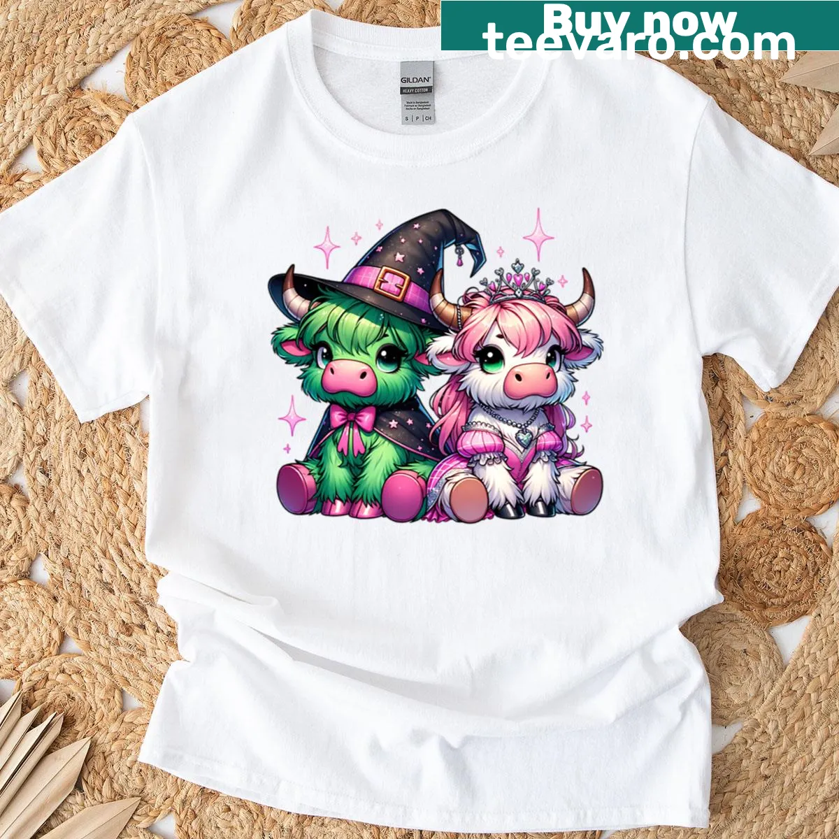 Illustration of whimsical Highland Cows on a casual t-shirt — on a men's t-shirt
