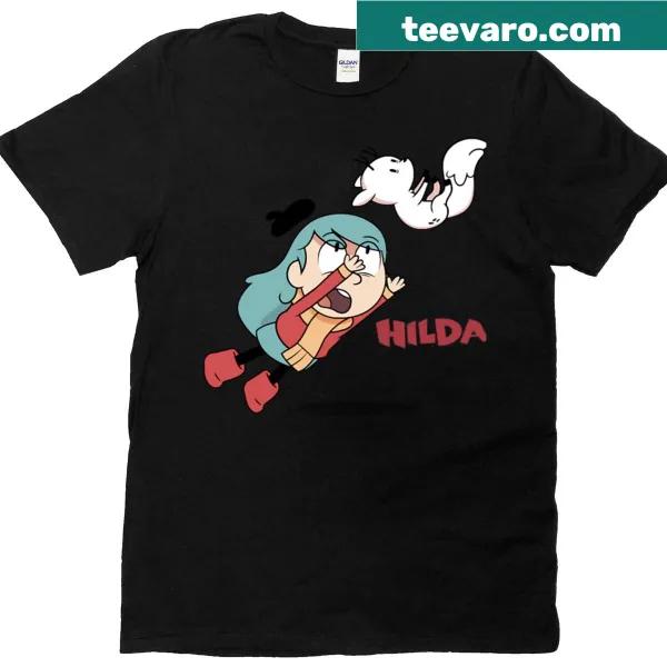Whimsical t-shirt featuring Hilda with her cat illustration