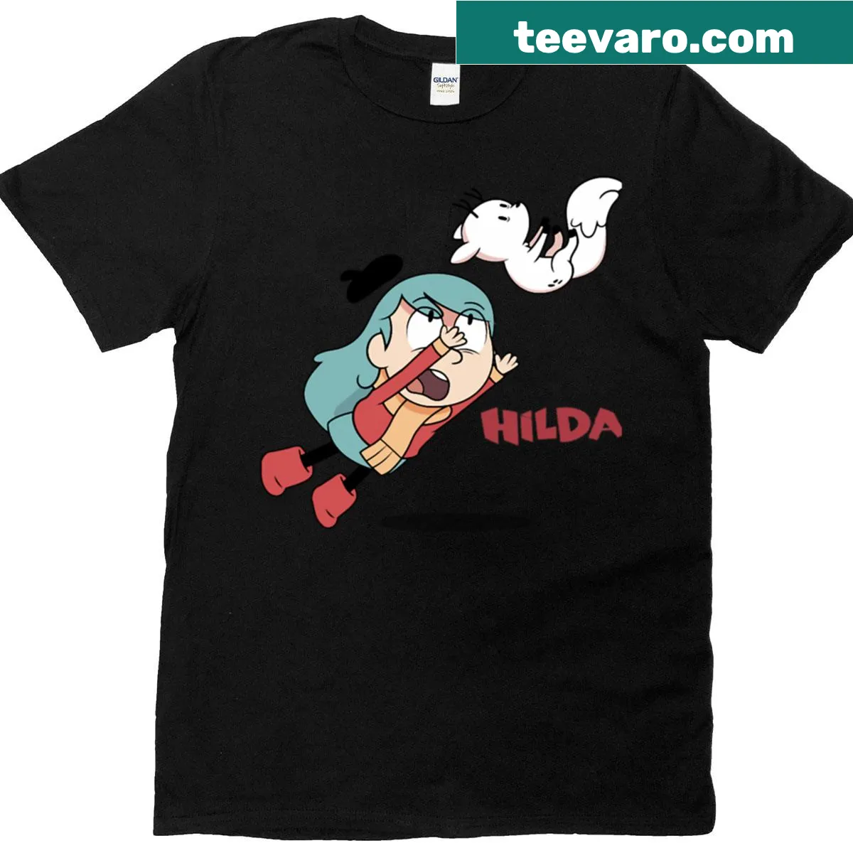 Whimsical t-shirt featuring Hilda with her cat illustration — on a men's t-shirt