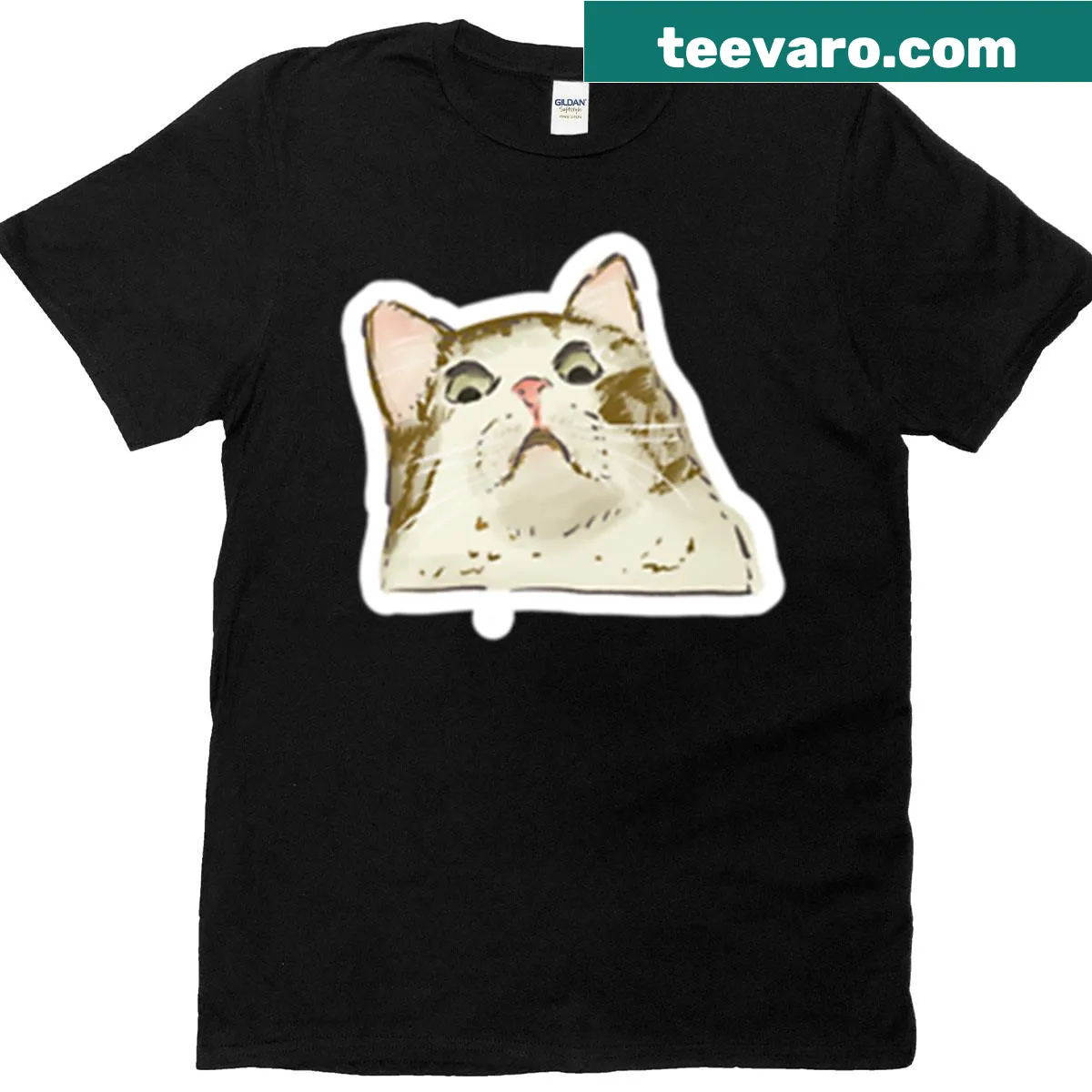 Funny t-shirt featuring an illustration of a horrified kitty — on a men's t-shirt