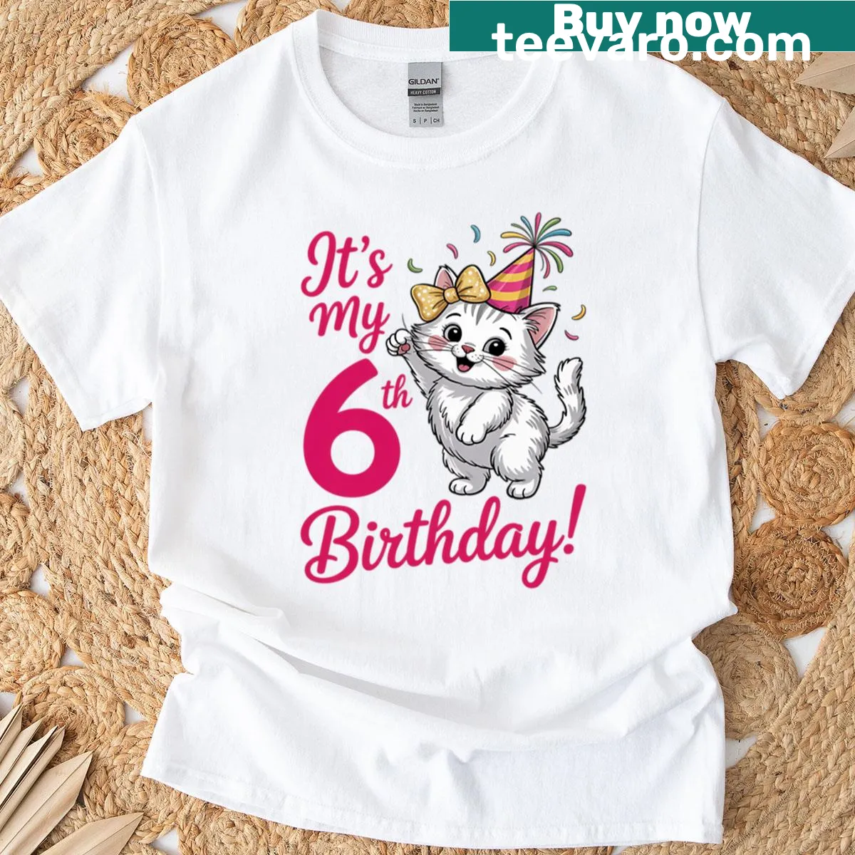Cute T-shirt for a 6th birthday girl featuring a kitty cat theme — on a men's t-shirt