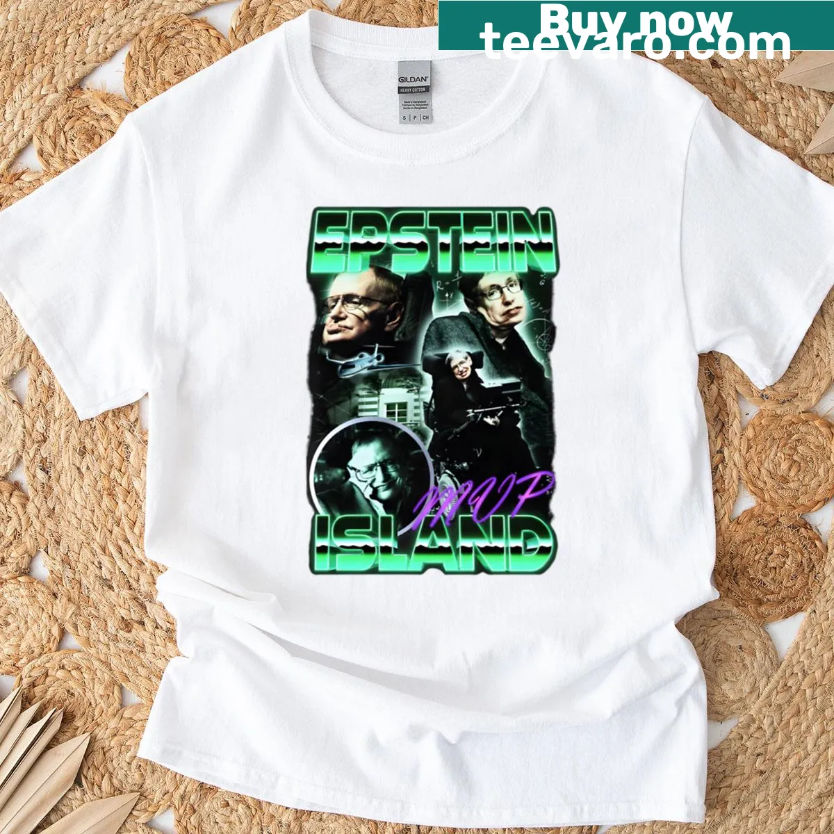 Illustrative t-shirt with Jeffrey Epstein and Stephen Hawking as Island Boys — on a men's t-shirt