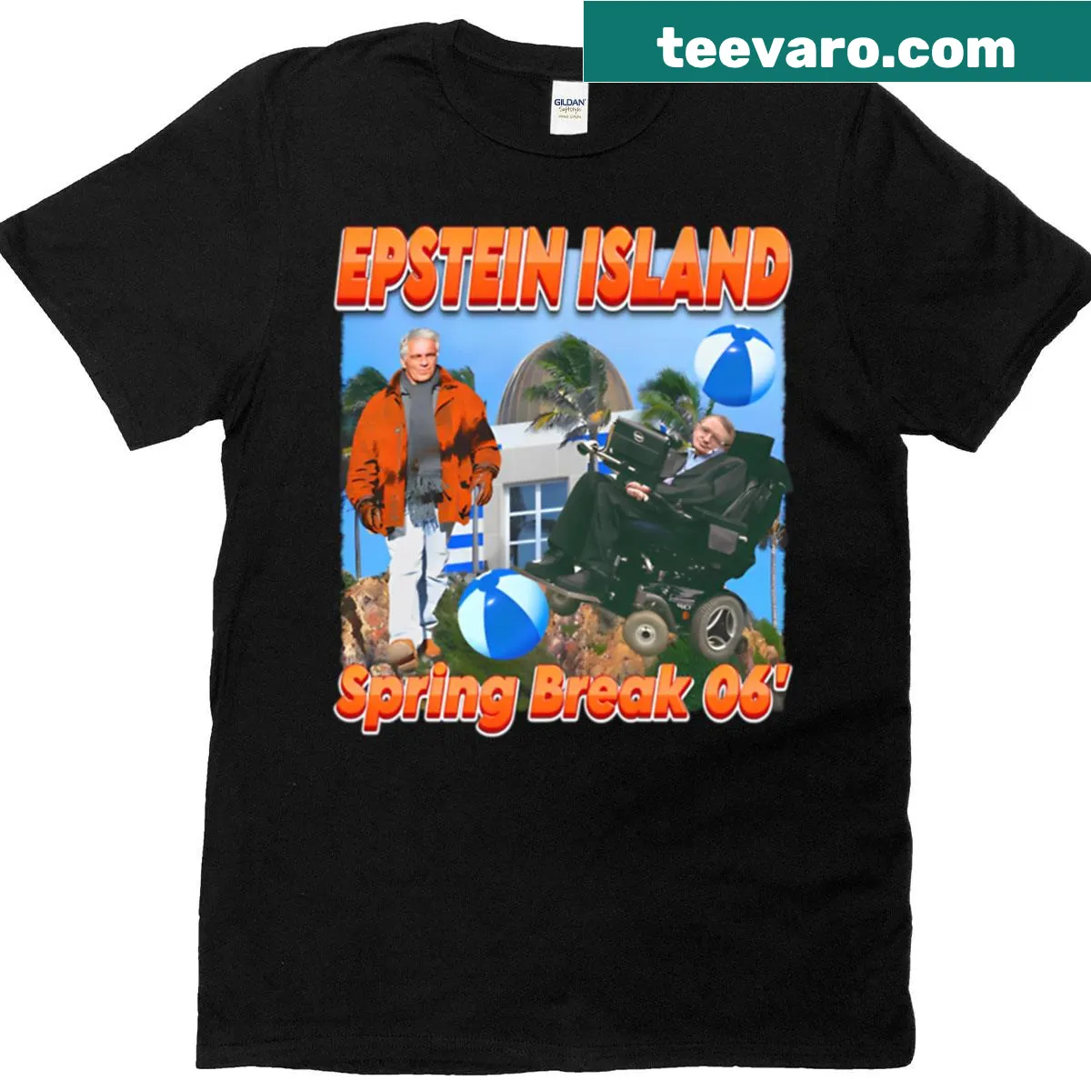 Playful T-shirt depicting Jeffrey Epstein in Spring Break theme — on a men's t-shirt