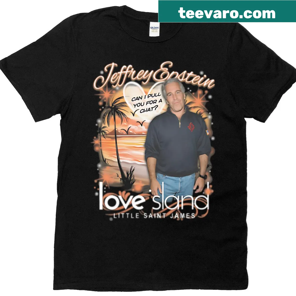 Edgy t-shirt featuring 'Jeffrey Epstein Love Island' text design — on a men's t-shirt