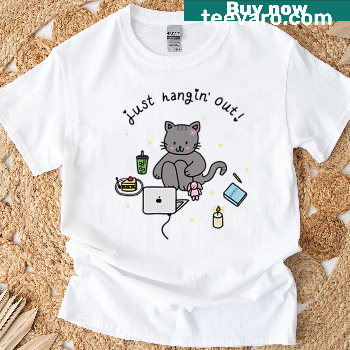 Charming t-shirt depicting a relaxed cat lounging around — on a men's t-shirt