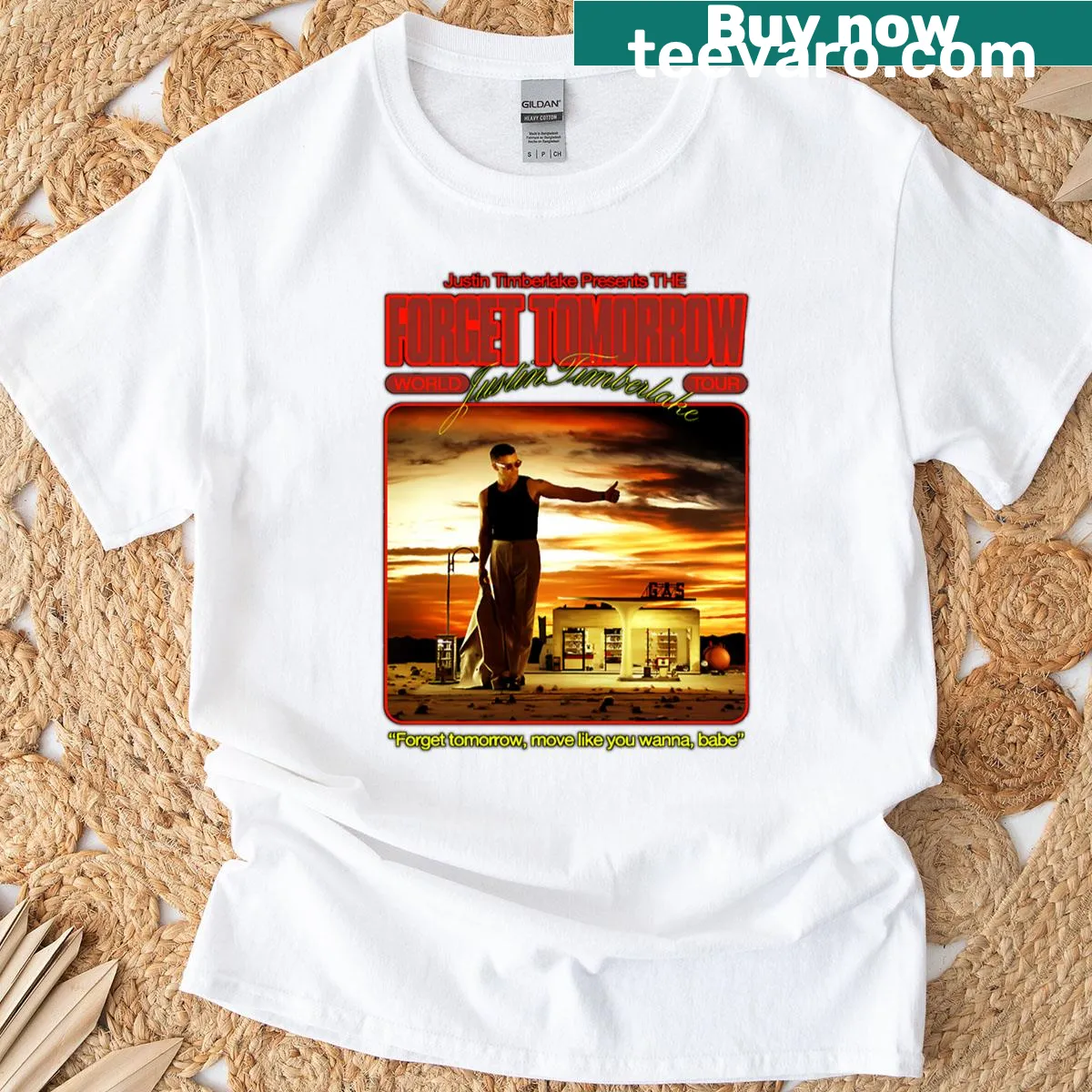 Justin Timberlake T-shirt featuring artistic typography celebrating his career. — on a men's t-shirt
