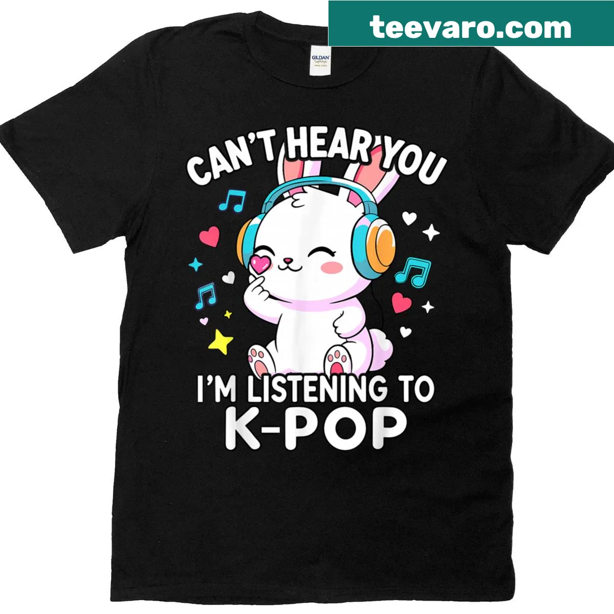 Charming cartoon rabbit T-shirt with 'Can't Hear You I'm Listening' text, celebrating K-pop culture. — on a men's t-shirt