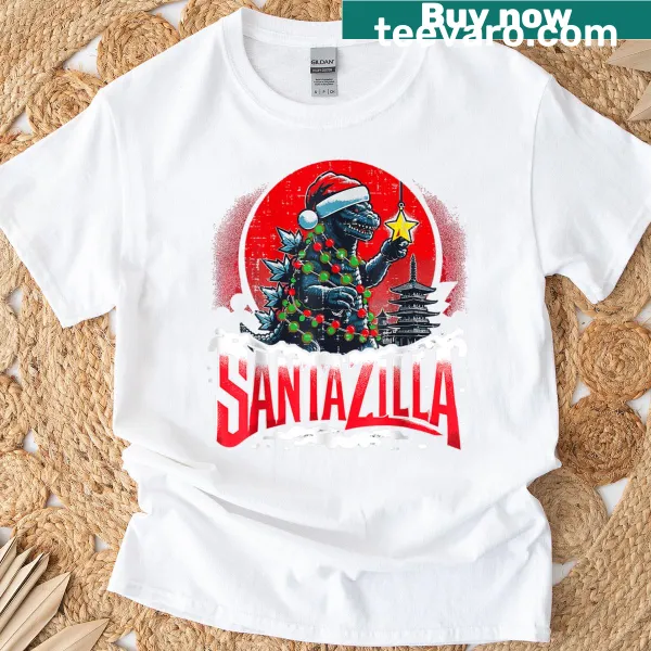 Cartoon dinosaur Santa design on a Christmas t-shirt for boys