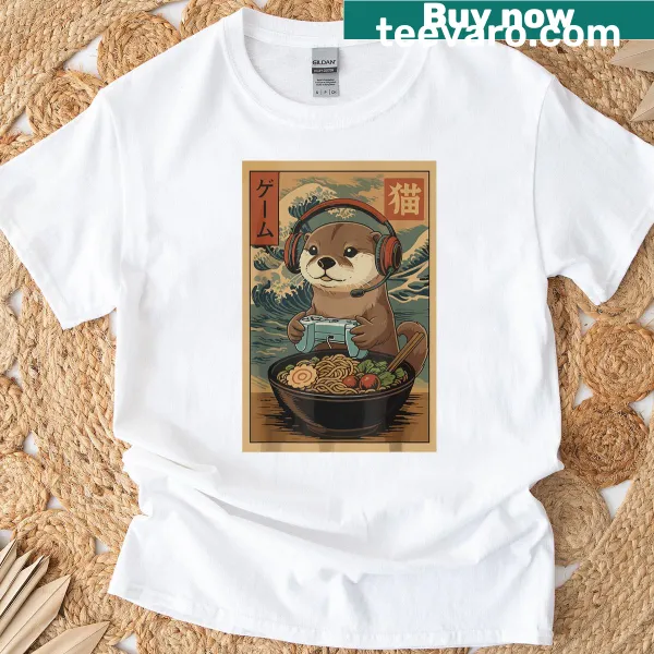 Kawaii otter enjoying ramen t-shirt for gamers