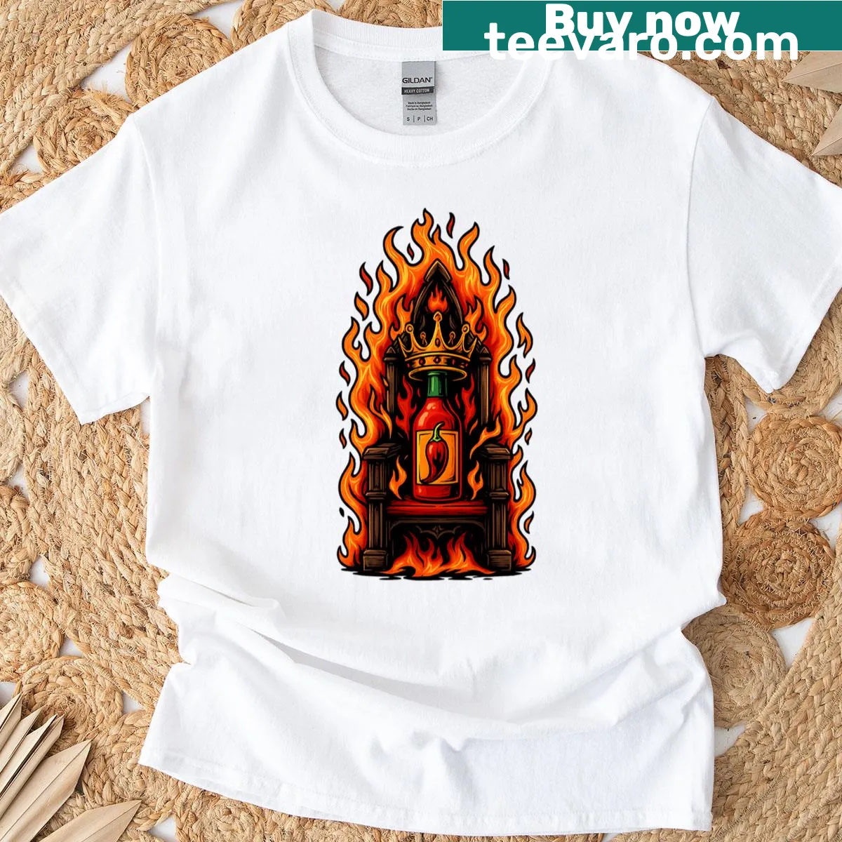 Cartoon hot sauce bottle on a throne in a playful design — on a men's t-shirt