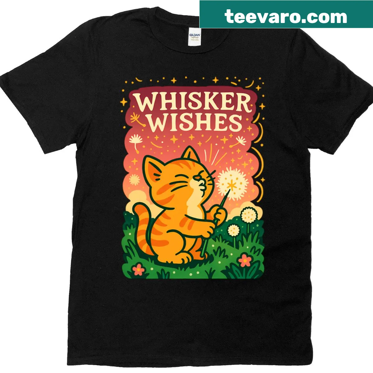 Illustration of a kitten and dandelions on a T-shirt — on a men's t-shirt