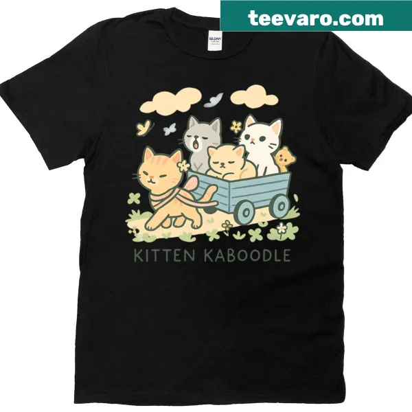 Charming T-shirt featuring kittens in a wagon on a garden adventure