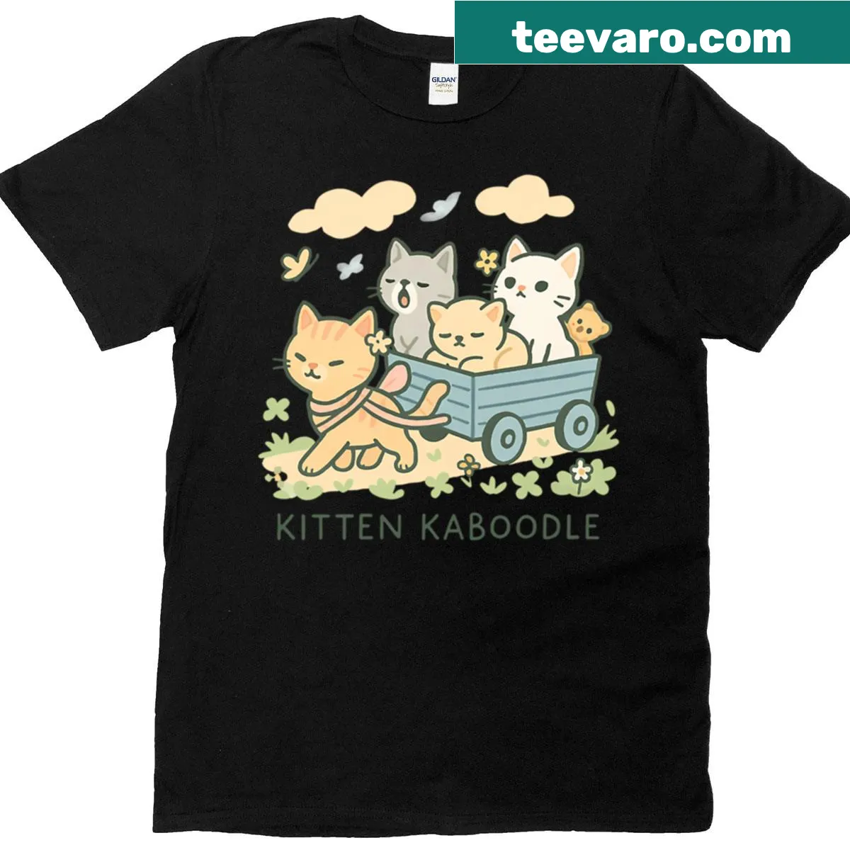 Charming T-shirt featuring kittens in a wagon on a garden adventure — on a men's t-shirt