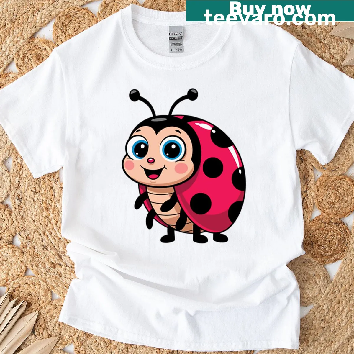 Cute ladybug t-shirt featuring blue eyes and a smile — on a men's t-shirt